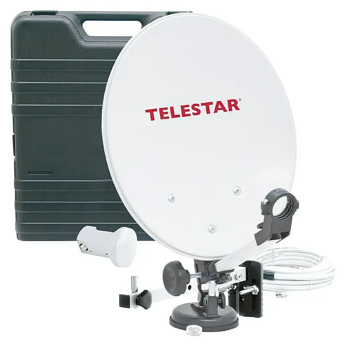 Satellitenschüssel CampSat Go - Maße Spiegel: 35 cm - Weißes TELESTAR Camping-Satelliten-Set mit schwarzem Hartschalenkoffer, LNB, Saugnapfhalterung und Kabel für mobilen Empfang.