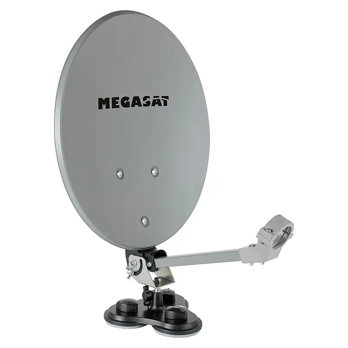 Megasat Satellitenschüssel Campingkoffer HD - Maße Spiegel: 41 × 38 cm - Tragbare graue Satellitenschüssel mit schwarzem Saugnapfhalter für einfache, temporäre Installation.