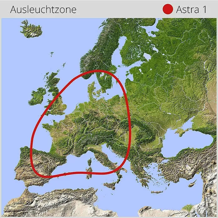 Megasat Satellitenschüssel Campingkoffer HD - Maße Spiegel: 41 × 38 cm - Karte der Astra 1 Ausleuchtzone in Europa und Nordafrika, rot umrandet.