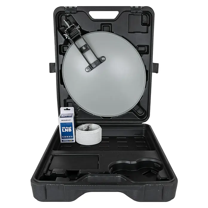 Megasat Satellitenschüssel Campingkoffer LNB+Kabel - Maße Spiegel: 41 x 38 cm - Graues portables Satelliten-Kit in einem offenen schwarzen Kunststoff-Tragekoffer, mit LNB-Box und weißem Kabel.