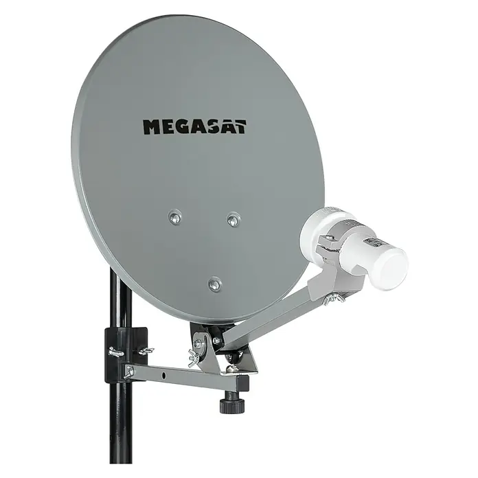 Megasat Satellitenschüssel Campingkoffer HD - Maße Spiegel: 41 × 38 cm - Graue MEGASAT Satellitenschüssel mit weißem LNB und schwarzer Montagehalterung, bereit zur Installation.