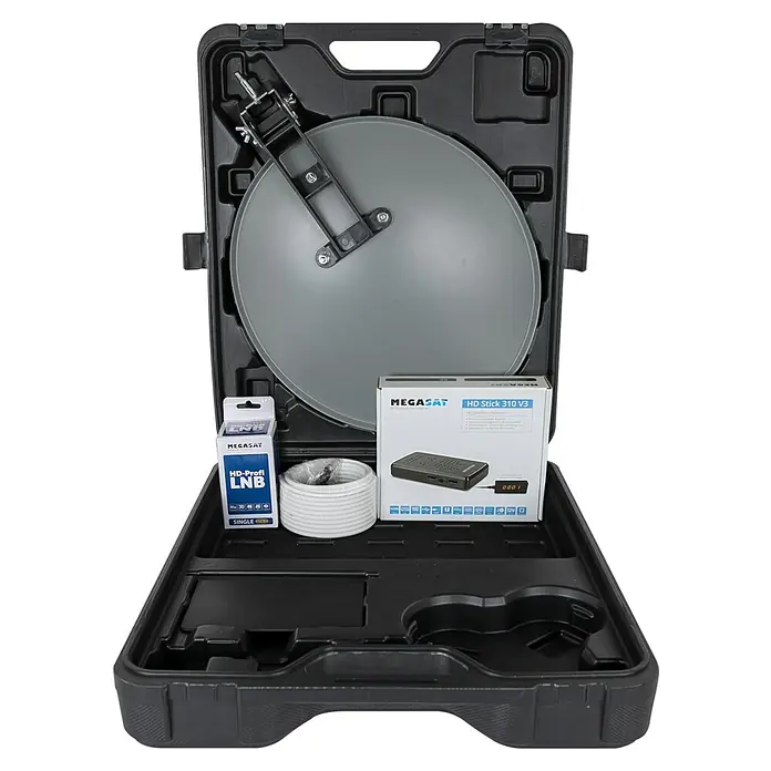 Megasat Satellitenschüssel Campingkoffer HD - Maße Spiegel: 41 × 38 cm - Tragbares Satellitenschüssel-Set in schwarzem Koffer. Enthält eine graue Schüssel, LNB, Koaxialkabel und einen Satellitenempfänger.