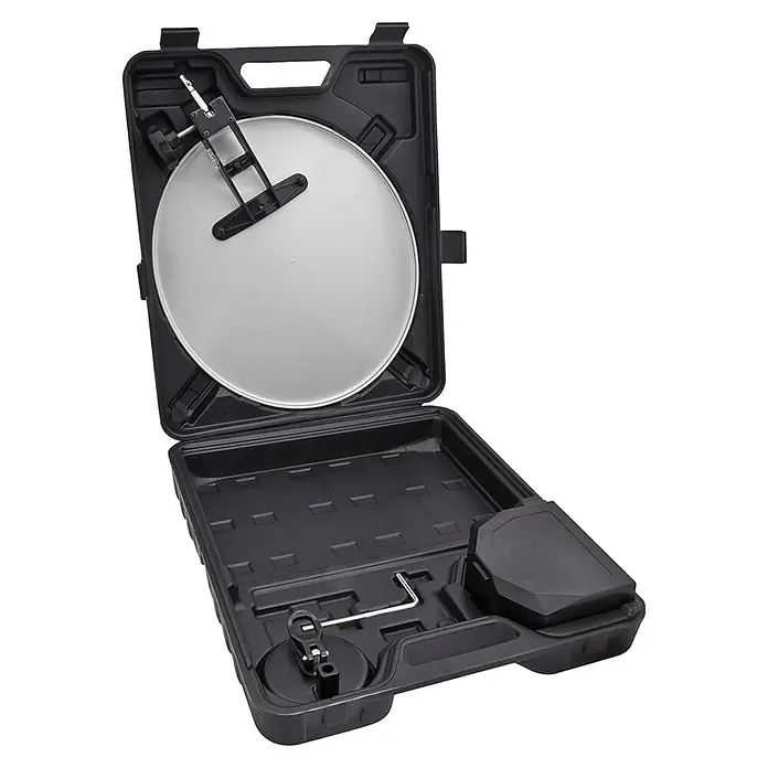 Satellitenschüssel CampSat Go - Maße Spiegel: 35 cm - Schwarzes, tragbares Satellitenschüssel-Set, offen im Koffer, zeigt Schüssel und Zubehör.