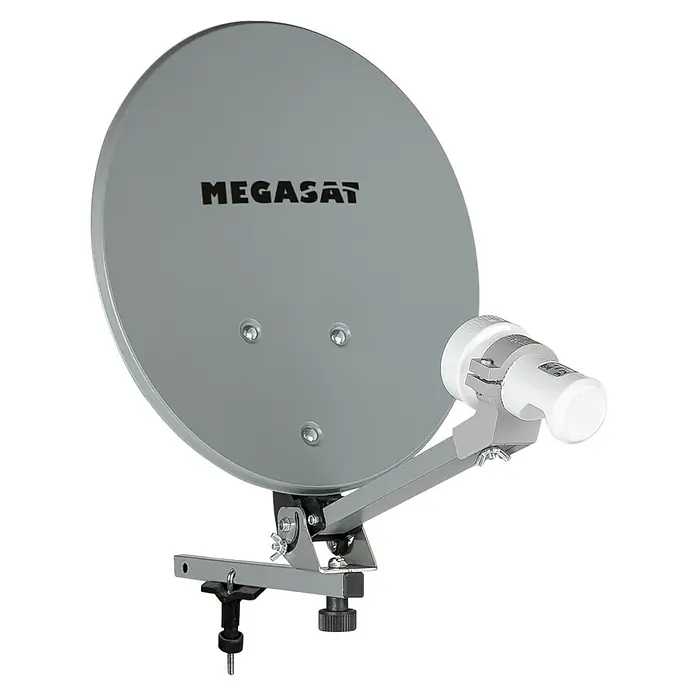 Megasat Satellitenschüssel Campingkoffer HD - Maße Spiegel: 41 × 38 cm - Graue Megasat Satellitenschüssel mit LNB und Montagearm für den Signalempfang.