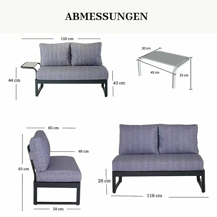 Bonlay Loungesofa Elara - B x T x H: 148 x 65 x 83 cm, Aluminium, Polyester, HPL, Anthrazit - Maße eines grauen Outdoor-Sofasets mit Kissen und einem kleinen Couchtisch, dunklem Rahmen und Beistelltisch.