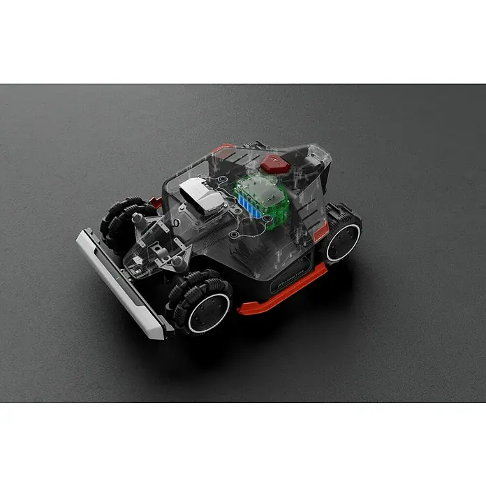 Mammotion Mähroboter Luba 2 AWD 3000X - 3.000 m², Schnittbreite: 400 mm, Satellitengestützte Navigation, GPS - Transparentes Roboterfahrzeug mit sichtbaren Innenteilen, schwarzen multidirektionalen Rädern und rotem Not-Aus-Knopf.
