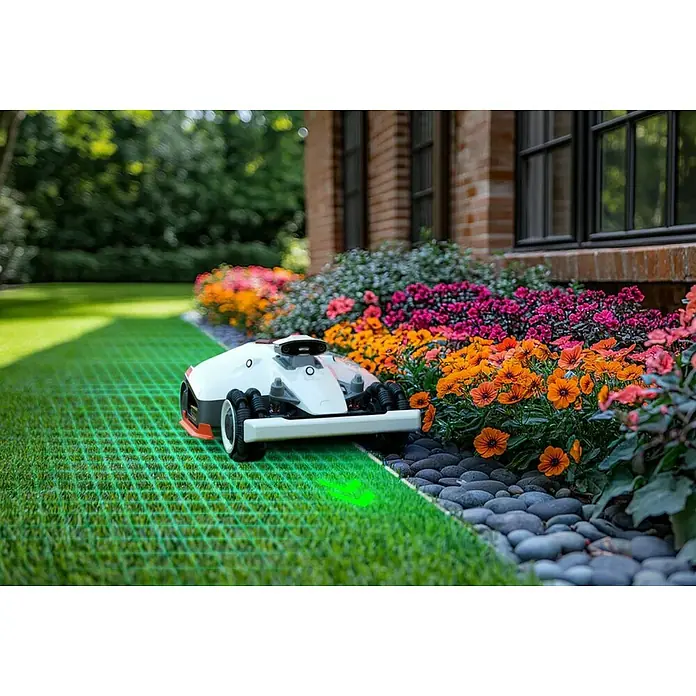 Mammotion Mähroboter Luba 2 AWD 3000X - 3.000 m², Schnittbreite: 400 mm, Satellitengestützte Navigation, GPS - Weißer Rasenroboter auf grünem Rasen mit leuchtendem Gitter, neben bunten Blumen und einem Backsteinhaus.
