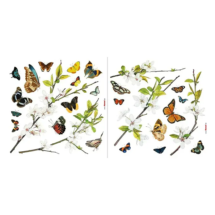Komar Fenstersticker Cheerful Butterflies - Bunt, 31 x 31 cm - Abbildung von zwei Blättern mit diversen Schmetterlingen und blühenden Zweigen, ideal als Dekoration.