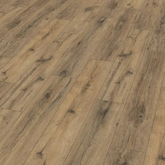 Egger Laminat NatureSense - Parkett Eiche dunkel, Landhausdiele, 1.292 x 193 x 8 mm - Nahaufnahme eines Holzlaminatbodens mit Maserung. Schönes, rustikales Holzmuster für einen warmen Innenraum mit Holzoptik.