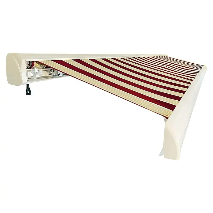 Spettmann Vollkassettenmarkise VC30 - Bordeaux/Beige, Farbe Gestell: Verkehrsweiß, Breite: 4 m, Ausfall: 3 m - Rot-creme gestreifte Gelenkarmmarkise mit cremefarbenem Gehäuse, teilweise ausgefahren.