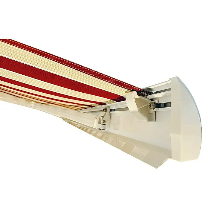 Spettmann Vollkassettenmarkise VC30 - Bordeaux/Beige, Farbe Gestell: Verkehrsweiß, Breite: 4 m, Ausfall: 3 m - Ausfahrbare Markise mit rot-beigem Streifenstoff und weißem Mechanismus.