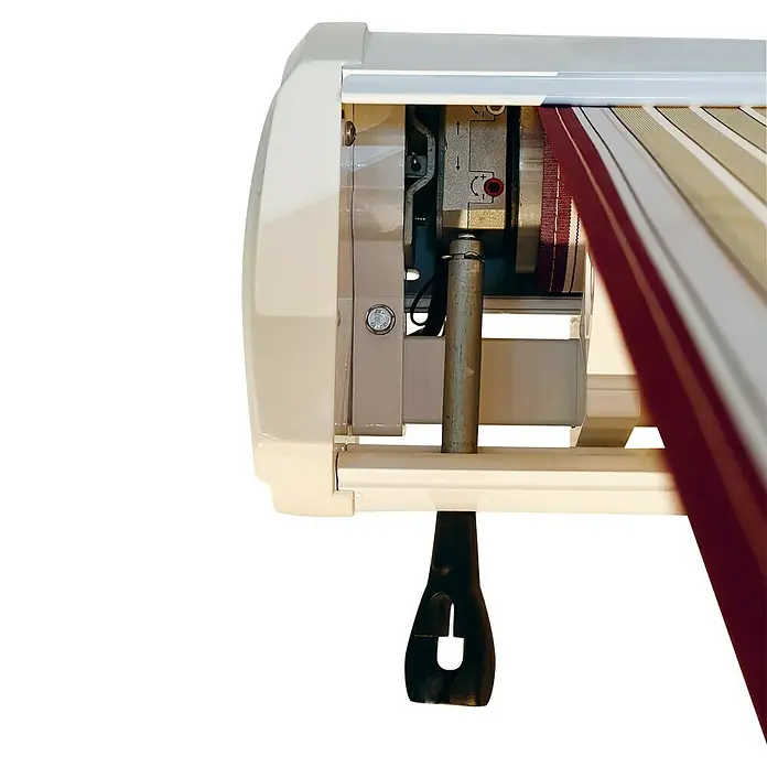 Spettmann Vollkassettenmarkise VC30 - Bordeaux/Beige, Farbe Gestell: Verkehrsweiß, Breite: 4 m, Ausfall: 3 m - Markisen-Endkappe mit offenem Wickelmechanismus, gestreiftem Stoff und schwarzer Kurbelaufnahme.