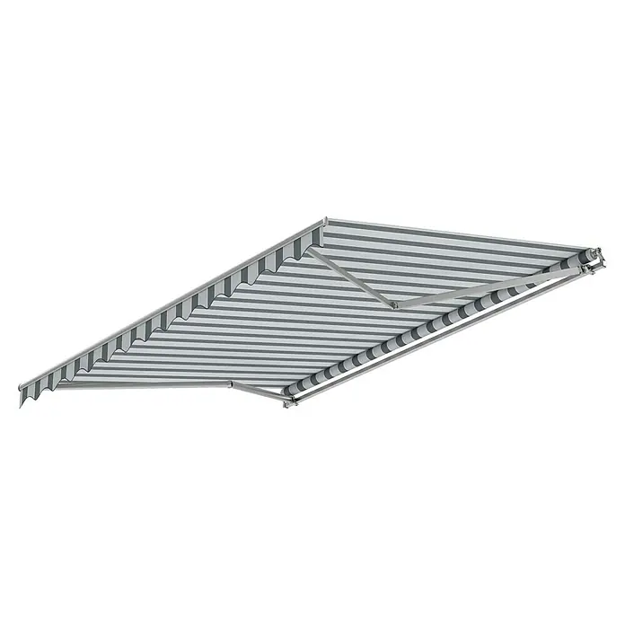 Spettmann Gelenkarmmarkise Star Fix 1465 - Anthrazit/Grau, Farbe Gestell: Weißaluminium, Breite: 3 m, Ausfall: 2,5 m - Ausfahrbare Terrassenmarkise mit grau-weißen Streifen und stabilem Metallrahmen.