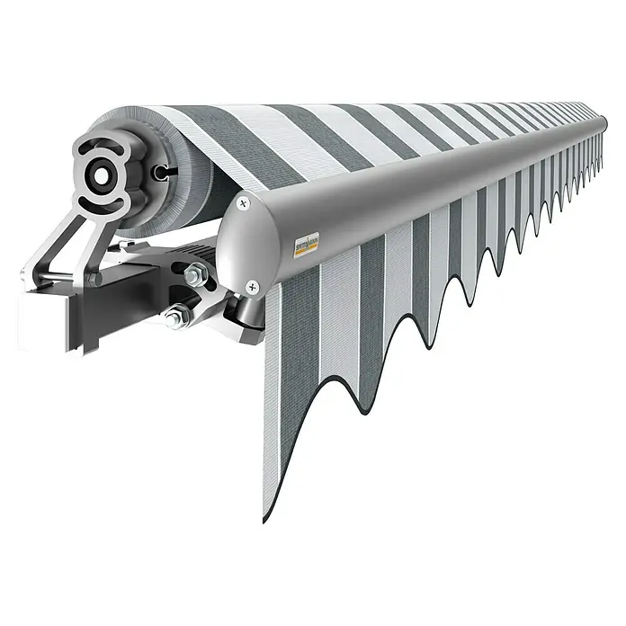 Spettmann Gelenkarmmarkise Star Fix 1465 - Anthrazit/Grau, Farbe Gestell: Weißaluminium, Breite: 3 m, Ausfall: 2,5 m - Ausfahrbare Markise mit grau-weiß gestreiftem Stoff, teilweise eingerollt, zeigt silbernes Gehäuse und Mechanismus. Marke 'SPETTMANN'.