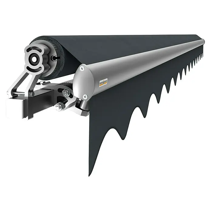 Spettmann Gelenkarmmarkise Star Fix 2327 - Grau, Farbe Gestell: Weißaluminium, Breite: 4 m, Ausfall: 3 m - Dunkelgraue Markise mit Aluminiumrolle und dekorativem Wellenvolant.