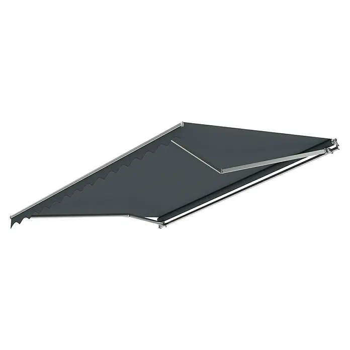 Spettmann Gelenkarmmarkise Star Fix 2327 - Grau, Farbe Gestell: Weißaluminium, Breite: 4 m, Ausfall: 3 m - Dunkelgraue, ausfahrbare Markise mit silbernem Metallrahmen, von oben ausgefahren gezeigt.