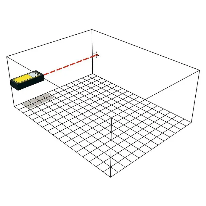 Stabila Laserentfernungsmesser LD 320 - Messbereich: 0,05 - 40 m - Illustration eines Laser-Nivelliergeräts, das einen roten Laserstrahl aussendet, um eine präzise Ausrichtung zu gewährleisten.