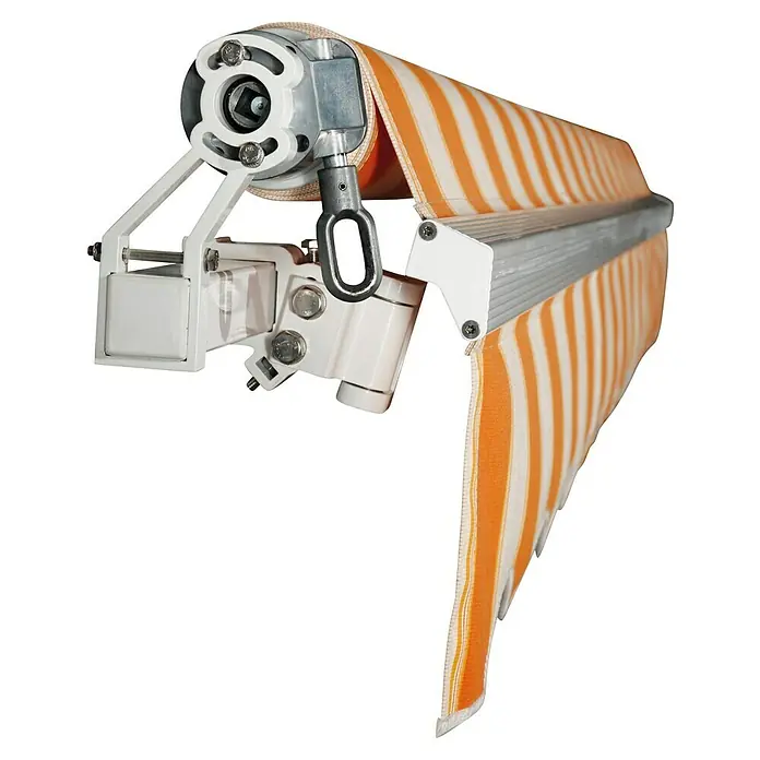 Spettmann Gelenkarmmarkise Basis 5903 - Orange/Beige, Farbe Gestell: Verkehrsweiß, Breite: 3 m, Ausfall: 2 m - Orange-weiß gestreifter Markisenstoff aufgerollt, zeigt den weißen Wickelmechanismus und Metallkomponenten.
