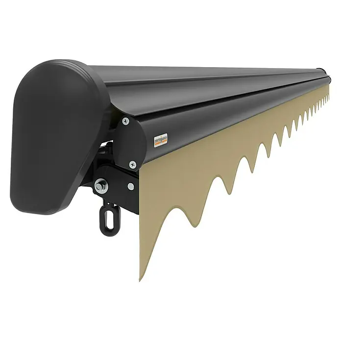 Spettmann Teilhülsenmarkise Sun LED 5822 - Beige, Farbe Gestell: Eisenglimmer matt, Breite: 3 m, Ausfall: 2 m - Dunkelgraue Markise mit beigem, gewelltem Stoffvolant und Logo.