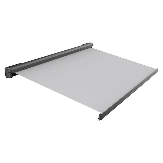 Spettmann LED-Vollkassettenmarkise Sunlite - Grau, Farbe Gestell: Eisenglimmer matt, Breite: 4 m, Ausfall: 2 m - Graue ausfahrbare Markise mit hellgrauem Stoffschirm, ausgezogen und schräg dargestellt.