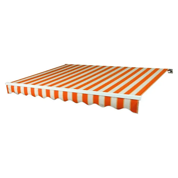 Spettmann Gelenkarmmarkise Basis 5903 - Orange/Beige, Farbe Gestell: Verkehrsweiß, Breite: 3 m, Ausfall: 2 m - Orange-weiß gestreifte Markise.