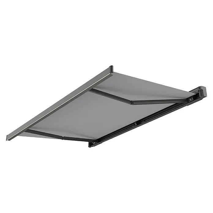 Spettmann LED-Vollkassettenmarkise Sunlite - Grau, Farbe Gestell: Eisenglimmer matt, Breite: 3,5 m, Ausfall: 2,5 m - Graue Markise mit dunklem Gestell und integriertem LED-Streifen, teilweise ausgefahren.