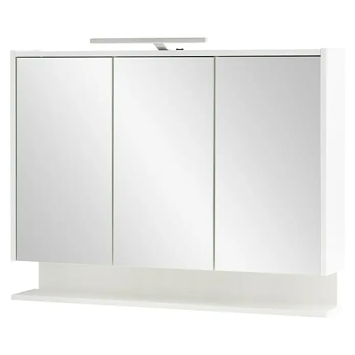 Schildmeyer Spiegelschrank Flag - B x H: 93,5 x 71,4 cm, Holz, Weiß Glänzend - Weißer Spiegelschrank mit drei Türen, integriertem Regal und Beleuchtung.