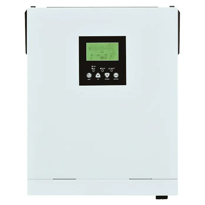 Kit de generación solar Casa de Campo - 1.500 W - Vista del producto de un inversor solar blanco con panel de control negro y pantalla digital verde.