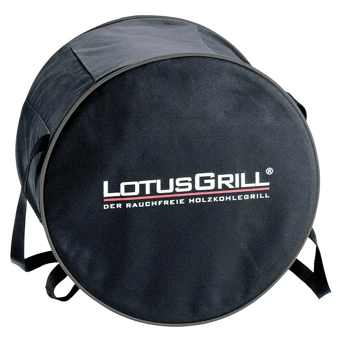 LotusGrill Holzkohlegrill Classic - Durchmesser Grillfläche: 34 cm, Schwarz - Tragetasche für LotusGrill. Die Tasche ist schwarz und hat den LotusGrill Schriftzug in weiß und rot aufgedruckt. Ideal für unterwegs.