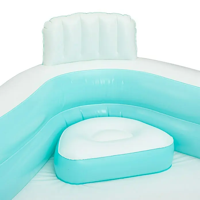Funsicle Quick-Up-Pool Family Lounge - L x B x H: 2,23 x 2,23 x 0,66 m, Grün, 681 l - Nahaufnahme eines aufblasbaren Pools mit Rückenlehne und Sitzkissen in Weiß und Türkis.