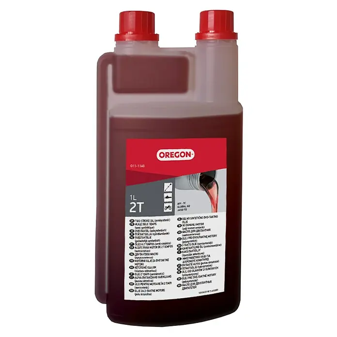 Oregon Aceite para motor 2 tiempos - 1 l - Aceite de motor dos tiempos Oregon 1L 2T en botella translúcida con tapones rojos, para varios motores.