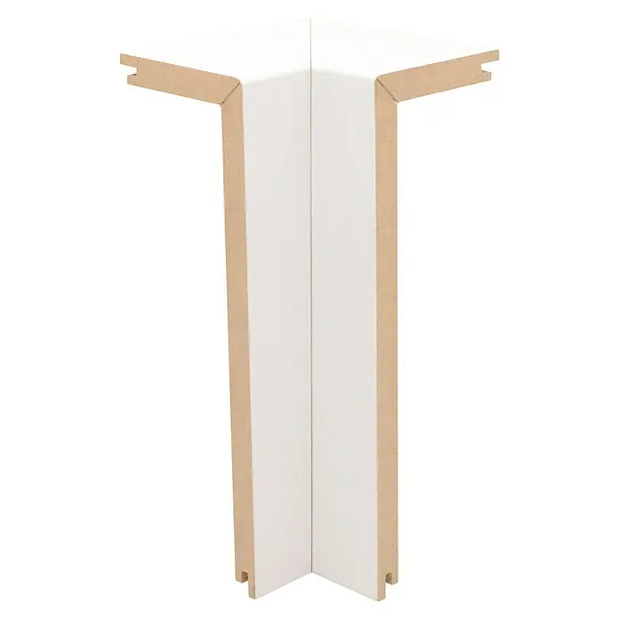 Profiles and more Innenecke FRA04 - Weiß, MDF, 2 Stk., Passend für: Rohrabdeckleiste FRA04 - Weißes L-förmiges Eckprofil mit braunen Kanten und genuteten Enden zur Möbel- oder Leistenmontage.