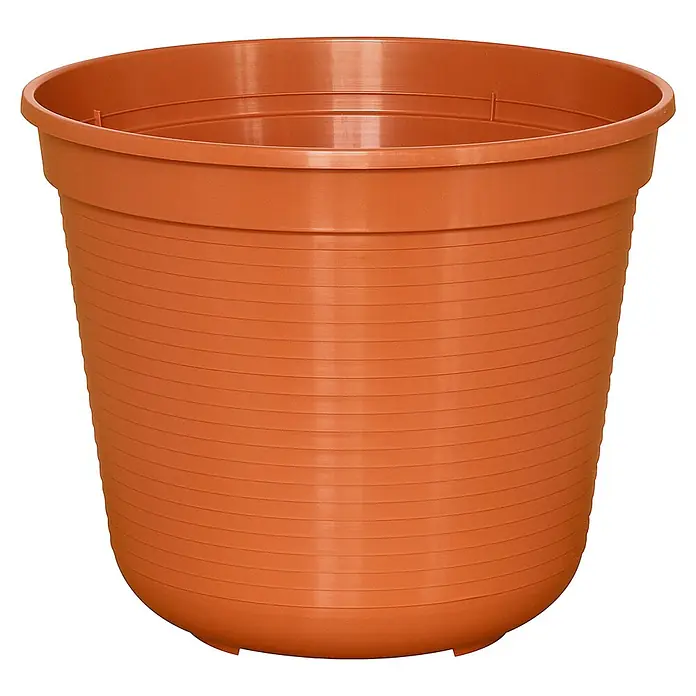Geli Pflanztopf - Außenmaß (Ø x H): 28 x 24 cm, Kunststoff, Terracotta - Nahaufnahme eines Terrakotta-Pflanzgefäßes. Es zeigt eine gerippte Außenseite und einen abgerundeten Rand, ideal für den Garten.