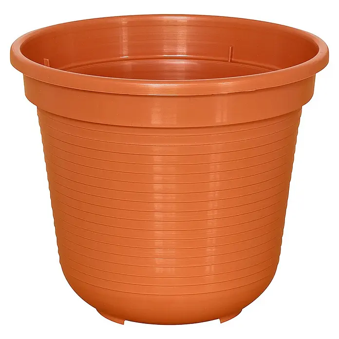 Geli Pflanztopf - Außenmaß (Ø x H): 16 x 14 cm, Kunststoff, Terracotta - Nahaufnahme eines terrakottafarbenen Pflanzgefäßes aus Kunststoff mit horizontalen Rillen.
