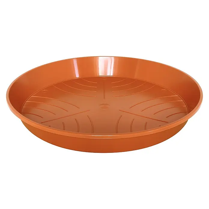 Geli Blumentopf-Untersetzer - Außenmaß (Ø x H): 39 x 5 cm, Kunststoff, Terracotta - Nahaufnahme einer Terrakotta-Pflanzenuntertasse mit gerippter Oberfläche, ideal zum Auffangen von überschüssigem Wasser.