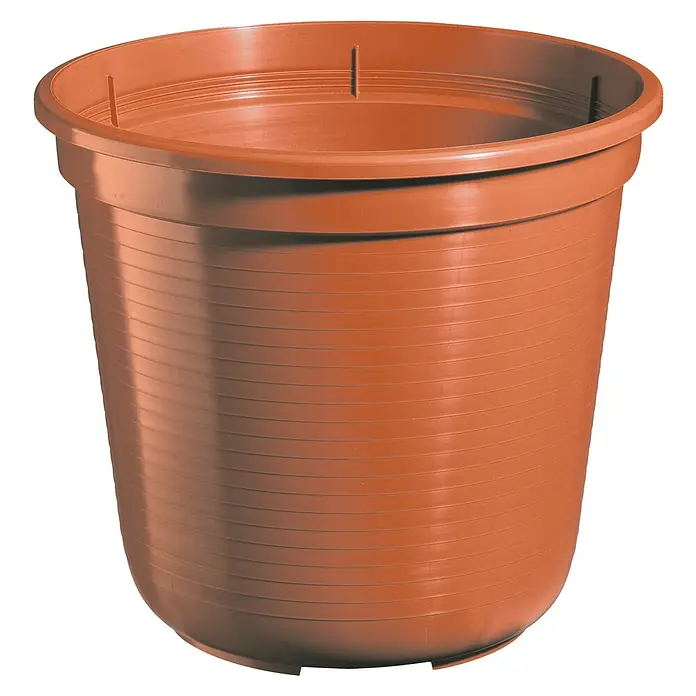 Geli Pflanztopf - Außenmaß (Ø x H): 40 x 34,5 cm, Kunststoff, Terracotta - Brauner Pflanztopf aus Kunststoff mit horizontalen Rillen und einer breiten Krempe. Ideal für Garten und Terrasse.