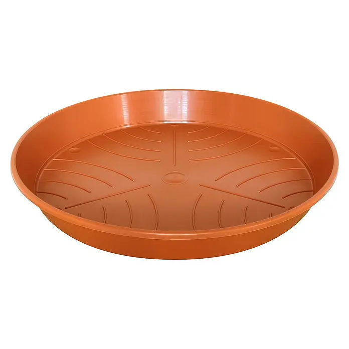 Geli Blumentopf-Untersetzer - Außenmaß (Ø x H): 33,5 x 4,5 cm, Kunststoff, Terracotta - Nahaufnahme einer braunen, runden Pflanzschale aus Kunststoff mit erhabenem Muster am Boden für den Innen- oder Außenbereich.