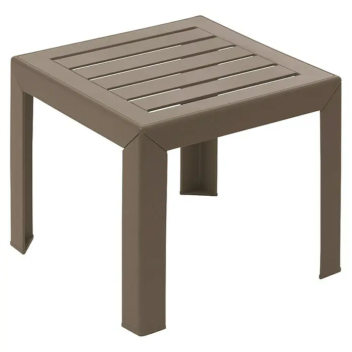Grosfillex Garten-Beistelltisch Miami - L x B x H: 40 x 40 x 35 cm, Polypropylen, Stapelbar, Rechteckig, Taupe - Robuster, graubrauner quadratischer Beistelltisch für den Außenbereich mit Lattenplatte.