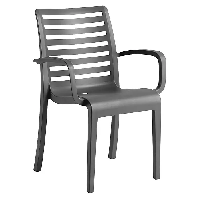 Grosfillex Gartenstuhl Slat - Polypropylen, Klappbar, Anthrazit, B x T x H: 42 x 50 x 93 cm - Moderner grauer Plastikstuhl mit Lamellenrückenlehne und Armlehnen.