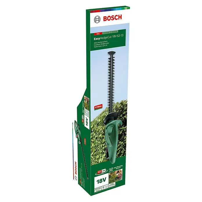 Bosch Power for All 18V Akku-Heckenschere EasyHedgeCut 18V-52-13 - 18 V, Li-Ionen, Ohne Akku - Verpackung der Bosch EasyHedgeCut 18V-52-13 Akku-Heckenschere mit Produktbild und technischen Details.
