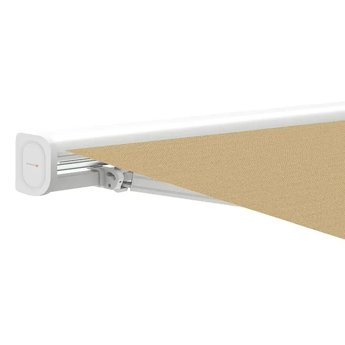 SmartSun Toldo de brazos extensibles Vivant - Beige arena, Ancho: 4 m, Caída: 3 m - Primer plano de un elegante toldo de patio beige con carcasa blanca, que proporciona sombra y mejora la experiencia al aire libre.