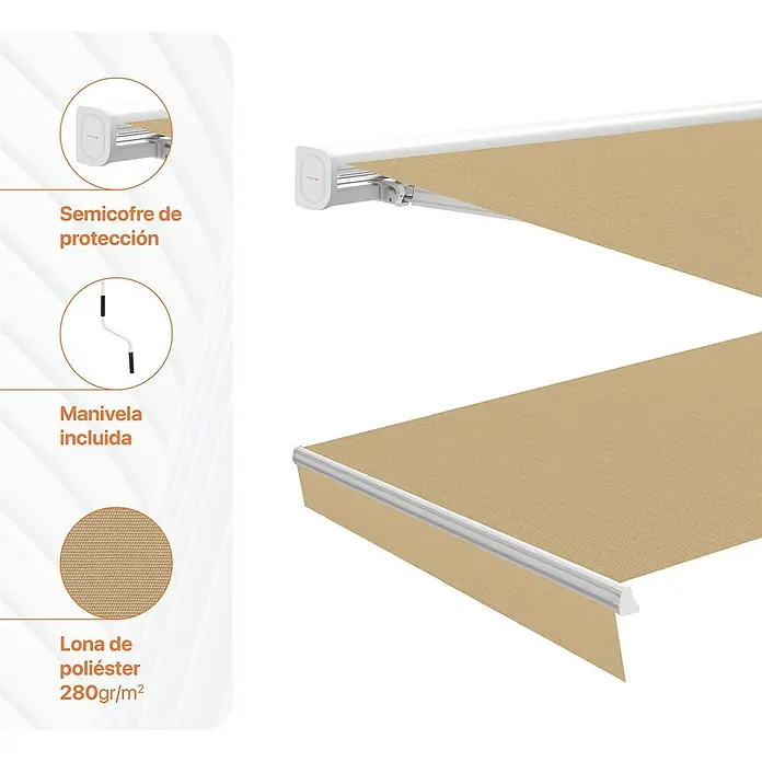 SmartSun Toldo de brazos extensibles Vivant - Beige arena, Ancho: 4 m, Caída: 3 m - Imagen de producto de un toldo con semicofre de protección, manivela y lona de poliéster.