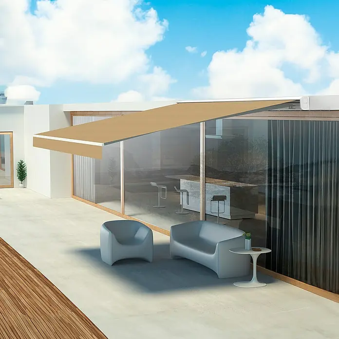 SmartSun Toldo de brazos extensibles Vivant - Beige arena, Ancho: 4 m, Caída: 3 m - Cubierta de patio moderna con un toldo beige y muebles de jardín elegantes que invitan a relajarse al aire libre.