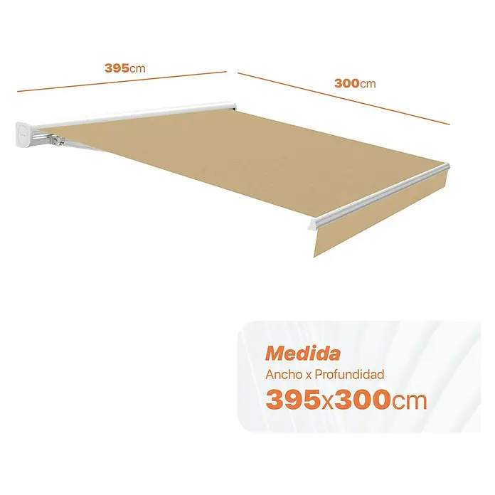 SmartSun Toldo de brazos extensibles Vivant - Beige arena, Ancho: 4 m, Caída: 3 m - Vista en ángulo de un toldo marrón con dimensiones de 395 x 300 cm. Perfecto para los días soleados en tu terraza.