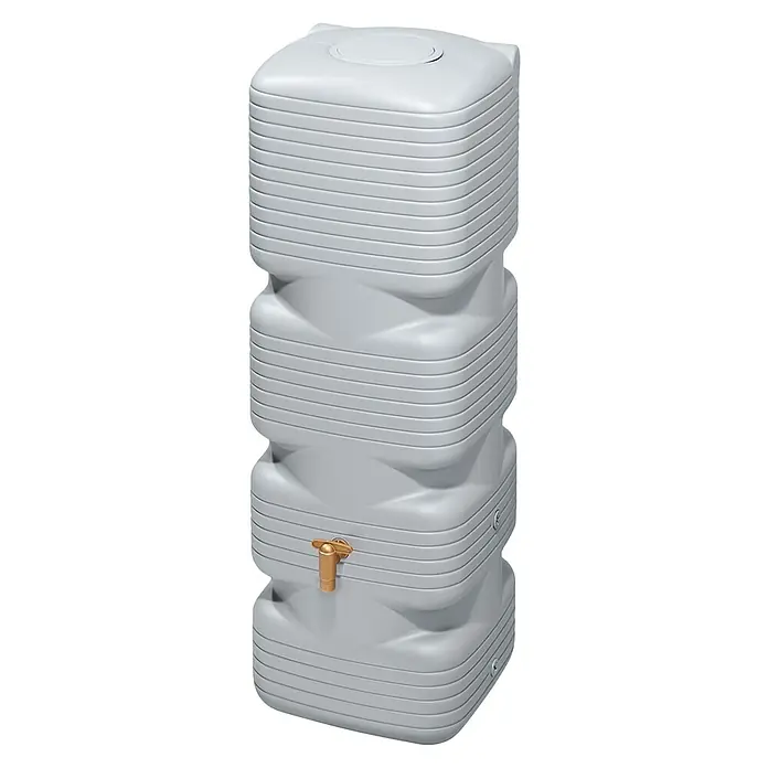4rain Regenspeicher Quadro - 170 l, Betongrau - Grauer quadratischer Wassertank mit Messinghahn. Ideal zur Gartenbewässerung und Regenwassernutzung. Robustes Design mit gerillter Oberfläche.