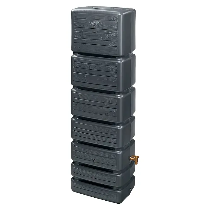 4rain Regenspeicher Slim Wood - 350 l, Graphitgrau, 1 Stk. - Regentonne im Holzdesign. Die graue Tonne ist stapelbar und verfügt über einen Wasserhahn. Ideal für die Gartenbewässerung mit Regenwasser.