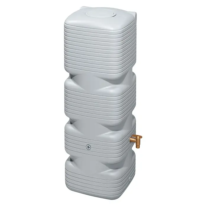 4rain Regenspeicher Quadro - 170 l, Betongrau - Grauer Regenwassertank mit quadratischer Form und einer goldenen Armatur. Der Tank hat ein gestuftes Design.