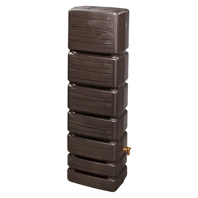 4rain Regenspeicher Slim Wood - 350 l, Dunkelbraun, 1 Stk. - Hoher, stapelbarer Regenspeicher in Holzoptik für den Garten. Ideal zur Wassersammlung mit einem integrierten Wasserhahn am unteren Ende.