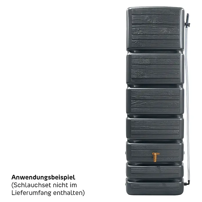 4rain Regenspeicher Slim Wood - 350 l, Graphitgrau, 1 Stk. - Detaillierte Ansicht einer eleganten, grauen Regentonnen-Säule mit Holzstruktur und Messing-Wasserhahn. Praktische Regenwassernutzung.