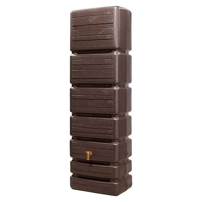 4rain Regenspeicher Slim Wood - 350 l, Dunkelbraun, 1 Stk. - Braune Regentonnen in Holzoptik mit Messinghahn für die Gartenbewässerung. Eine praktische und stilvolle Lösung zum Sammeln von Regenwasser.